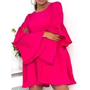 City Lights England Women's PLEATED Tiered Long SLEEVE DRESS Sz 6 Neon Pink‎